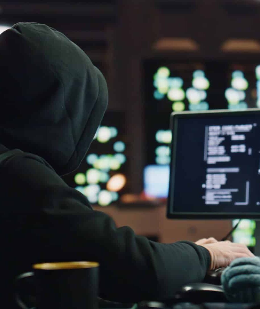 Anonymous hacker breaking cybersecurity dark room closeup. Cybercriminal reading